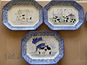 Molly Dallas Pottery Spatterware 3 Octagon Platters Vintage Limited Edition Cows
