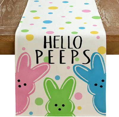 Easter Table Runner 13x72 Inch, Hello Peeps Bunny Spring Decorative Farmhouse Ta