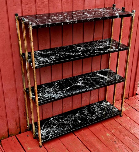 Vintage MCM Metal Bookshelf Etagere 4 Tier Black Gold Splatter Paint Mid Century - Picture 1 of 24