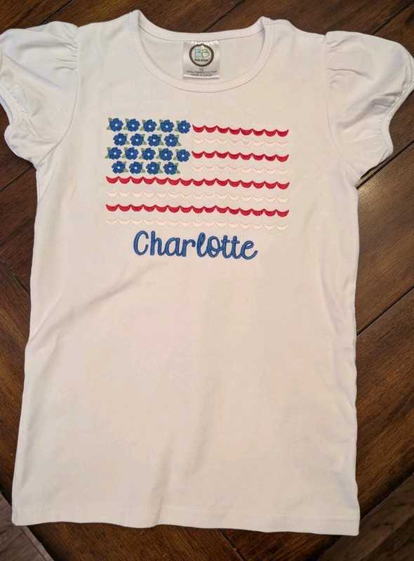 CHARLOTTE MONOGRAM GIRLS SHIRT SIZE 10 FLAG PATRIOTIC 4TH OF JULY