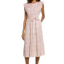 NWT Adeline Rae Dress Sz M Pink Plaid Ruched Neckline Prairie Flounce Skirt $129