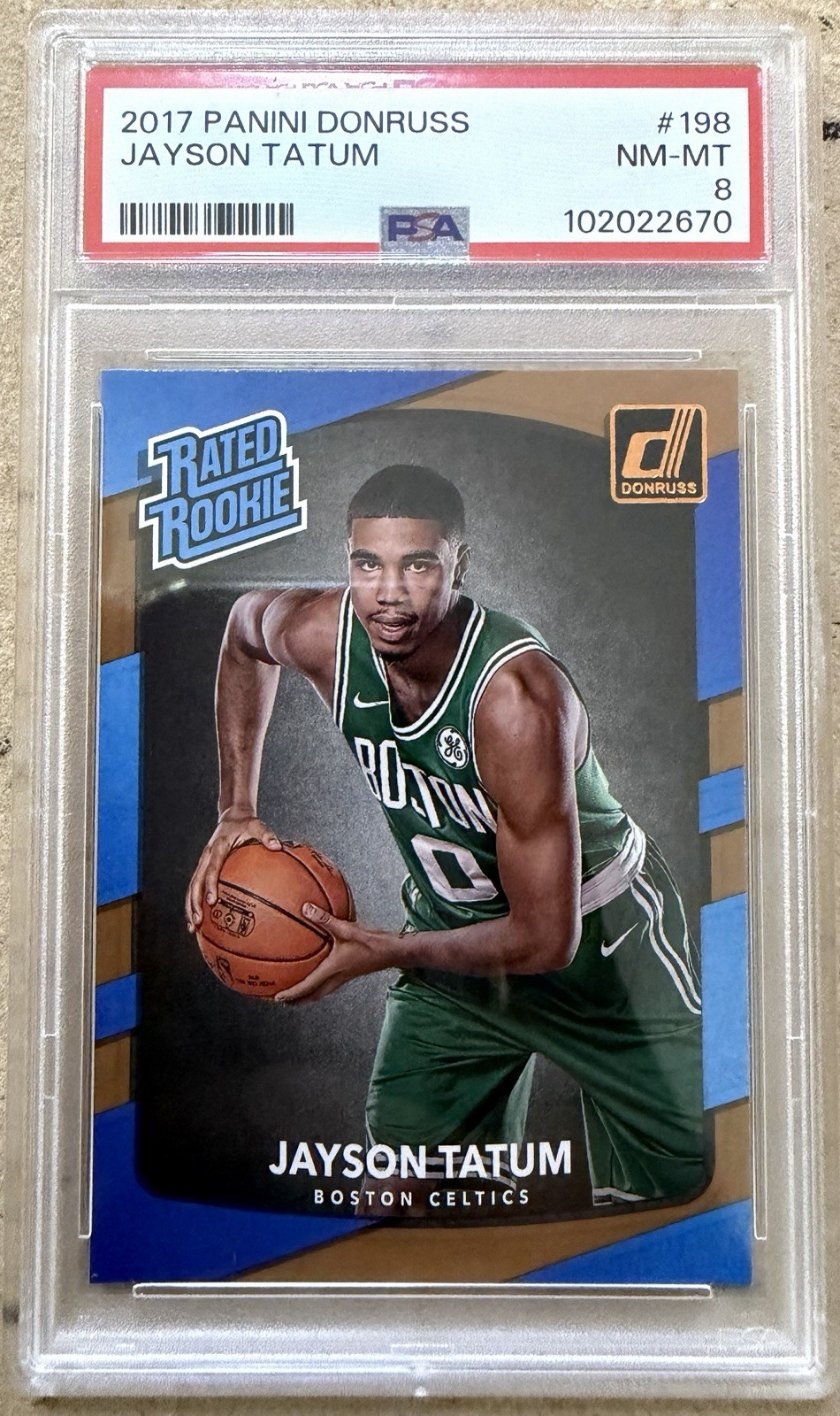 17/18 Donruss #198 Jayson Tatum Rated Rookie RC PSA 8 Celtics view 1