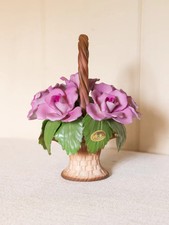 Capodimonte Porcelain Handled Basket with Purple Pink Flowers Made in Italy