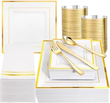 350Pcs Gold Plastic Plates -Disposable Square Gold Plates Dinnerware set include