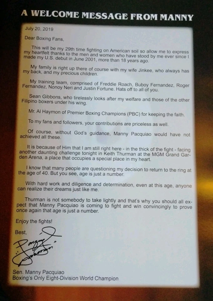 Manny Pacquiao vs Keith Thurman Program July 20 2019 Las Vegas Pacman WWC Win - Image 2 of 4