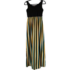 B Famous Maxi Dress Women S Black Green Yellow Stripe Stretch Flowy Vacation