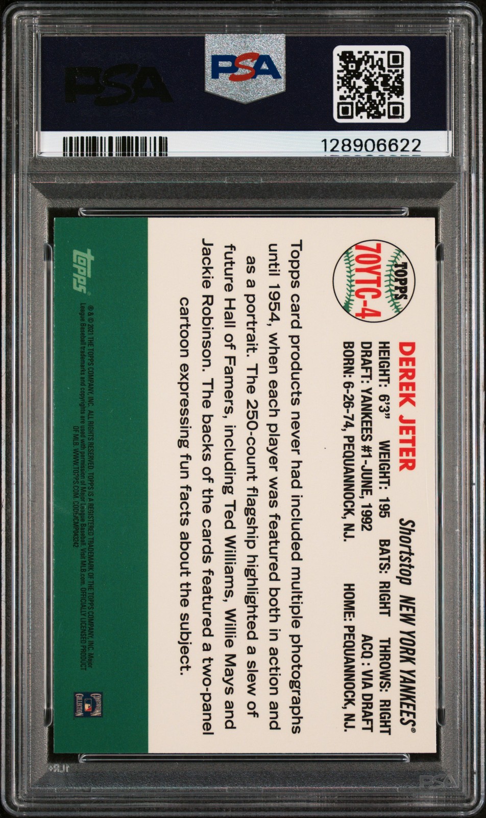 2021 TOPPS 70 YEARS OF TOPPS BASEBALL CHROME #4 DEREK JETER PSA 10 view 2