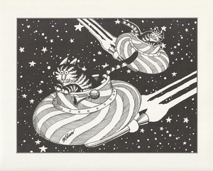 Kliban Cat Art Print Flying in Space Vintage Lithograph Cartoon Kitty Kitten