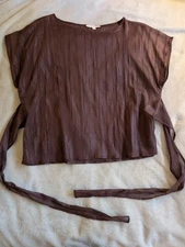 WOMEN'S BLOUSE Grade & Gather S Small Brown Short Sleeve Dark Tee T Sheer Ties