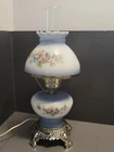 Vintage Hurricane Lamp Milk Glass Blue Floral W Both Shades Night Light