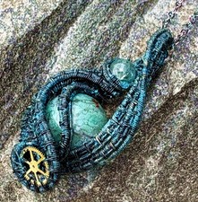 Steampunk Verdigris Hemo Jasper Necklace w Green Apatite, Brass Wire Wrap