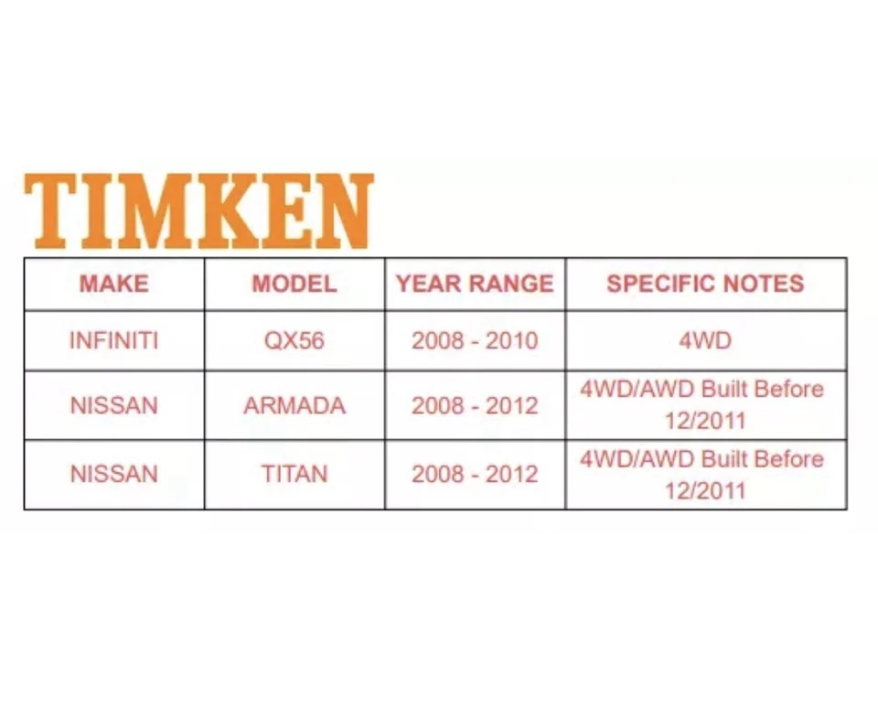 Buje de cojinete de rueda delantera 4x4 Timken 2008-2012 Nissan Armada Titan QX56 6 tacos 1C3 Foto 4 de 4
