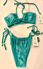 NWT/NEW No Boundaries Lurex Side Tie String Bikini Green Shine L 11/13