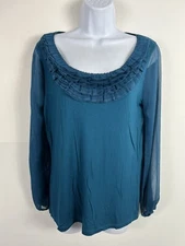 August Silk Petites Womens Top Sz PM Turquoise Blue Feminine Minimalist NEW