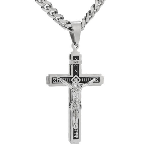 Collier pendentif en acier inoxydable crucifix catholique Jésus-Christ sur INRI croix  - Photo 1 sur 4