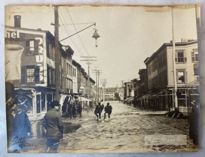 Vintage Passaic River Flood of 1903 Historic B&W Photograph. Main Street