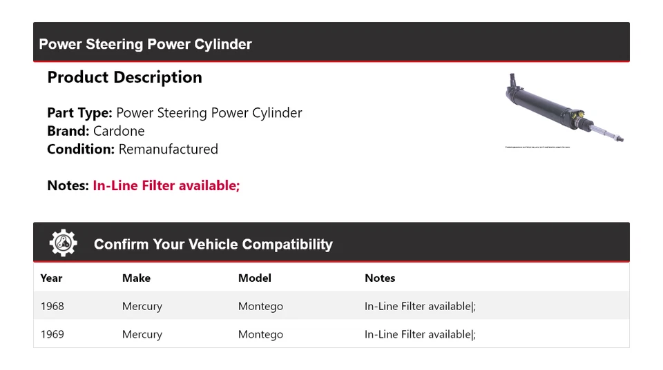 For 1968-1969 Mercury Montego Power Steering Power Cylinder Cardone - Image 2 of 4