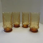 Vintage Anchor Hocking Rain Flower Daisy Amber Glass Set of 4 Beverage Tumblers