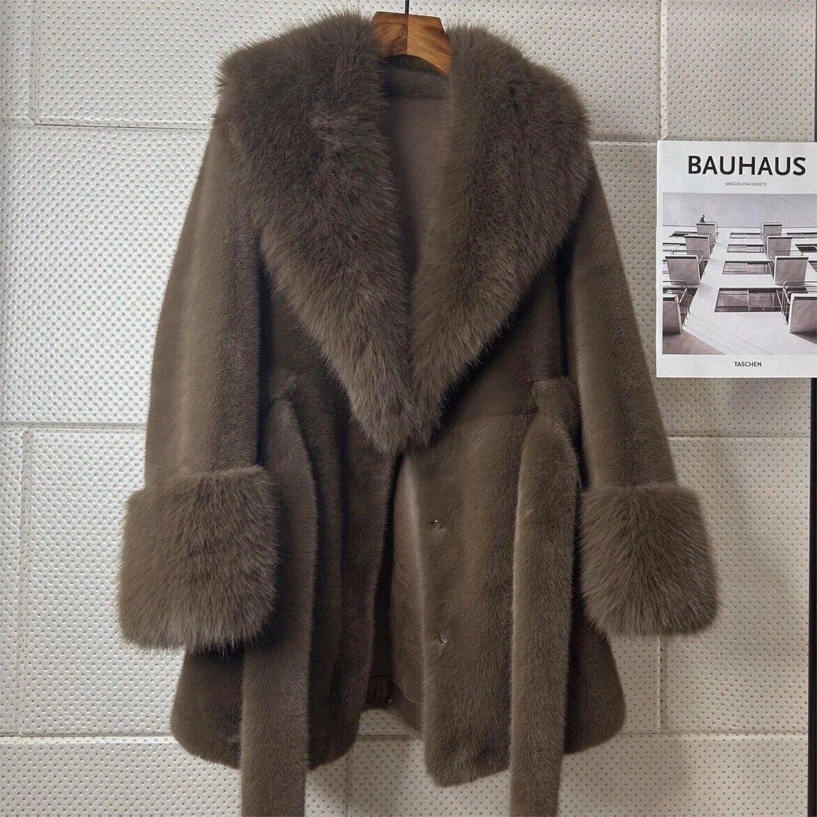 OFF WHITE Lusso cappotto peluche invernale da donna vestibilità lunga in finta pelliccia di visone caldo ispessito