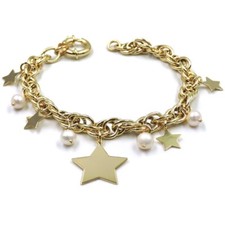 Bracciale in Argento 925 Placcato Oro con Perle d'Acqua Dolce e Stelle Pendenti