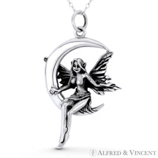 Winged Pixie Tinkerbell Fairy & Crescent Moon .925 Sterling Silver Charm Pendant