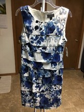 women’s “Conmected Apparel” front layer sleeveless dress, sz 10, blue multi.
