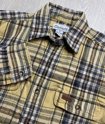 Carhartt Shirt Men Small Yellow Plaid Flannel Long Sleeve Thick Casual Workwear
