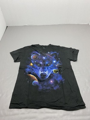 DOM Shirt Mens Medium Black Wolf Space Graphic Cotton Jersey Crewneck Tagless