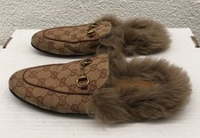 Authentic GUCCI WMNS Brown GG Velvet Princetown Fur Mule Loafers 36 EU 6 US L228