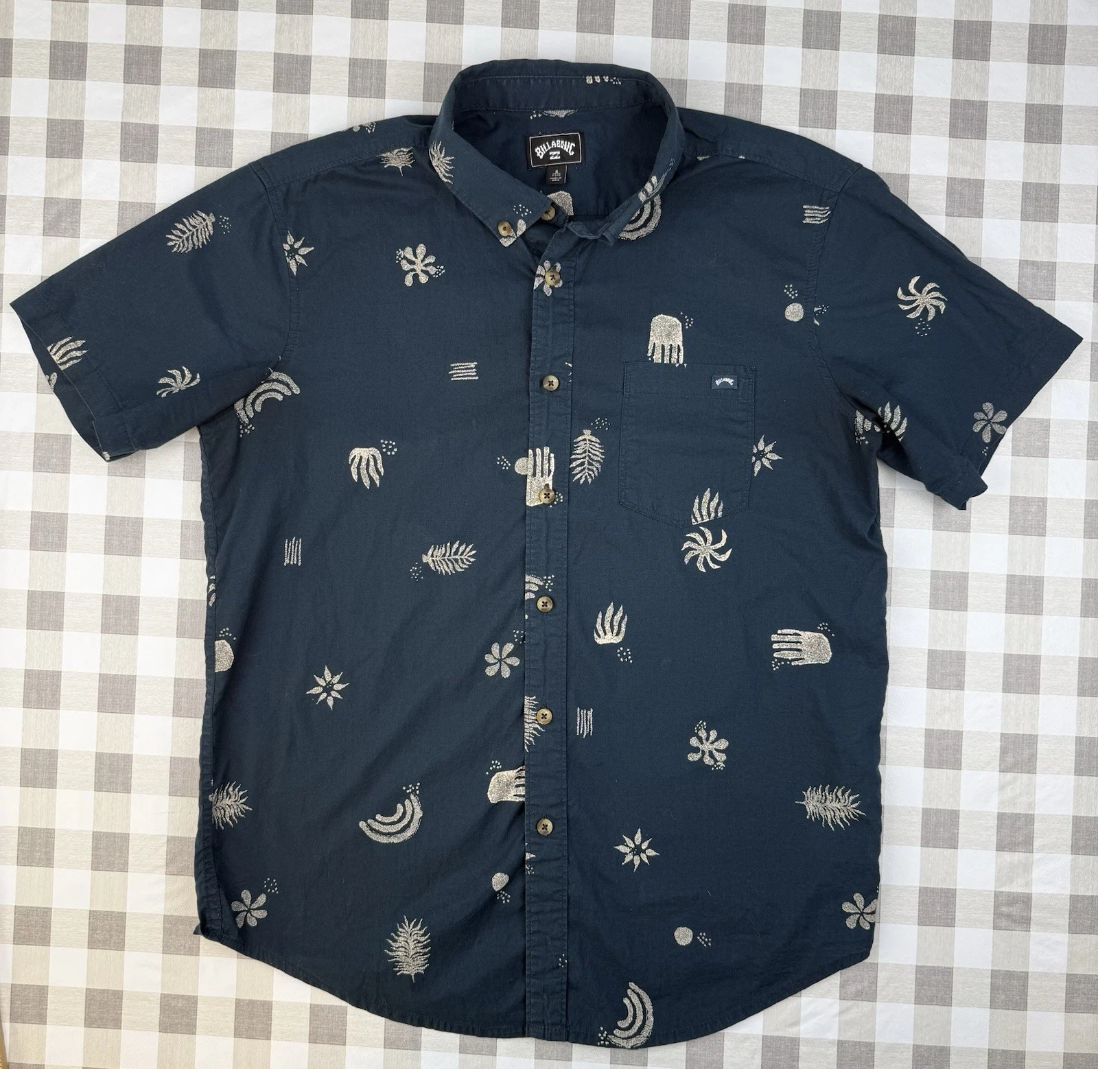 Coastal Beach Button Up Shirt Billabong Short Sleeve Blue Print Mens Small
