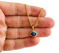 14K Solid Gold Evil Eye Charm Pendant with 2mm Figaro Chain 20" Necklace - PT452