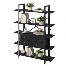 5 Tier Bookshelf Heavy Duty Iron Frame Storage Rack Anti-Tip Stable Freestanding
