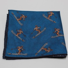 Seaward Stearn NWOT 100 Silk Pocket Square In Blue with Skiers Print