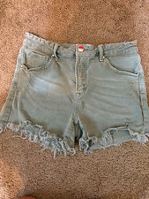 Risen Jeans Women s High Rise Light Wash Green Denim Cut Off Shorts L 30"