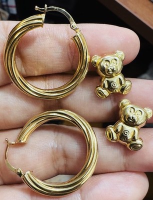 Damen 18K 750 echte feine Dubai VAE Gold Bär & Creolen Loop Ohrringe 2 Set 7,43 g