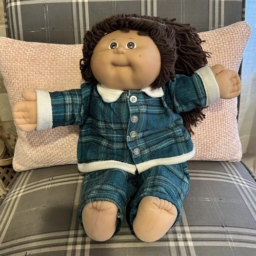 Cabbage Patch Kids Doll 1985 Girl w/ Long Brown Hair & Plaid Outfit 16” HM8 Vtg