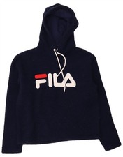 FILA Womens Graphic Hooded Fleece Jumper UK 14 Medium Navy Blue Polyester CJ13