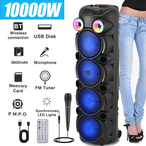 10000W Quad 8'' Bluetooth Party Speaker Heavy Bass FM USB AUX with Mic & Remote