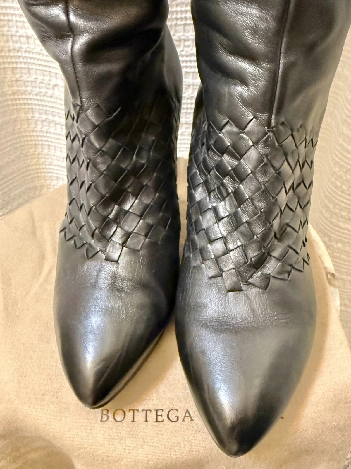 Stivali neri Bottega Veneta tessuto intrecciato al ginocchio tacco 3" taglia 39
