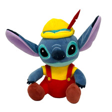 DISNEY STITCH as Pinocchio 9" Blue Plush Yellow Hat Feather Red Overalls Stuffed