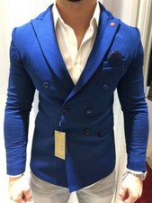 Designer Blue Double-Breasted Blazer Jacket Tailored Slim Fit 50