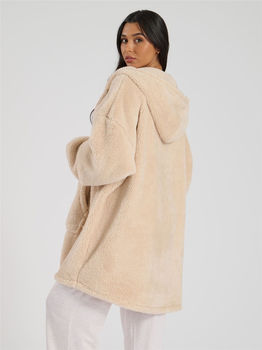Sherpa Zip Up Hoodie Ladies Cream Oversized Fleece Hooded Cardigan