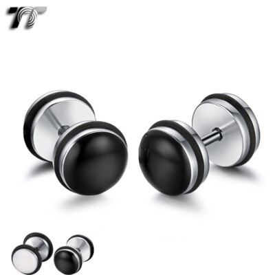 TT Black/White Surgical steel Round Fake Ear Plug Earrings 6/8