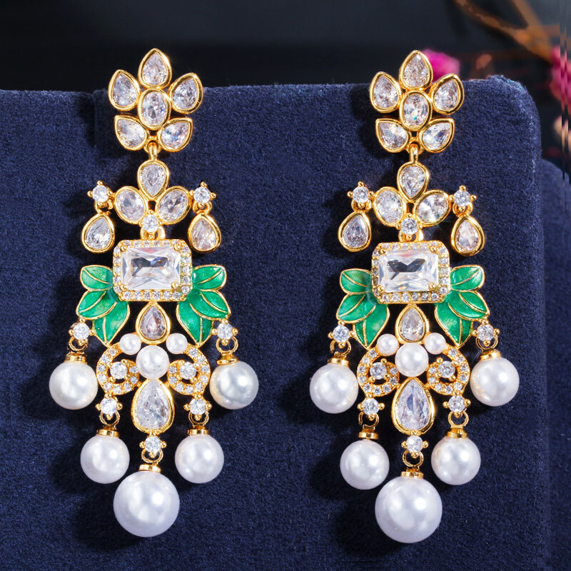 Gold Plated Cubic Zirconia CZ Leaf Long Pearl Drop 925 Sterling Silver Earrings