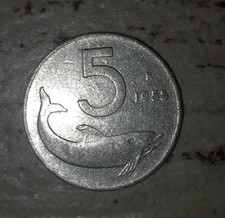 MONETA 5 LIRE 1955 DELFINO TIMONE REPUBBLICA ITALIANA CIRCOLATA