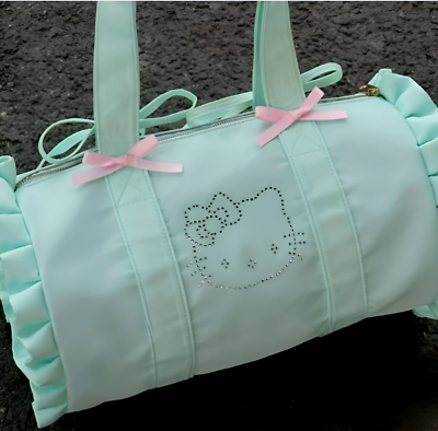 Hello Kitty Satin Frill Barrel Bag Large Mint Green Rhinestone
