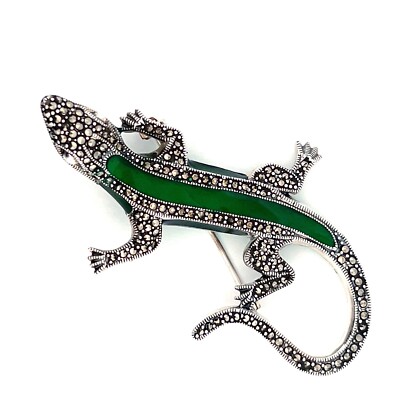 Gecko Brooch Art Deco 925 Sterling Silver Set With Green Enamel And Marcasite