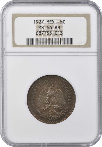 MEXICO ESTADOS UNIDOS 1927 5 CENTAVOS COIN CERTIFIED UNCIRCULATED NGC MS66-BN - Picture 3 of 8