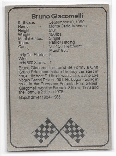 1986 Bosch Indy Racing BRUNO GIACOMELLI Trading Card - Picture 2 of 2