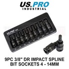 US PRO INDUSTRIAL 9PC 3/8" DR Impact Spline Bit Sockets Set 4 - 14mm 3932
